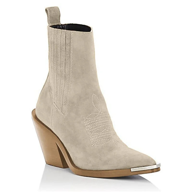 Women's Ankle Slip On, Block Heel Short Boot,Metal Pointed Toe,34-43.