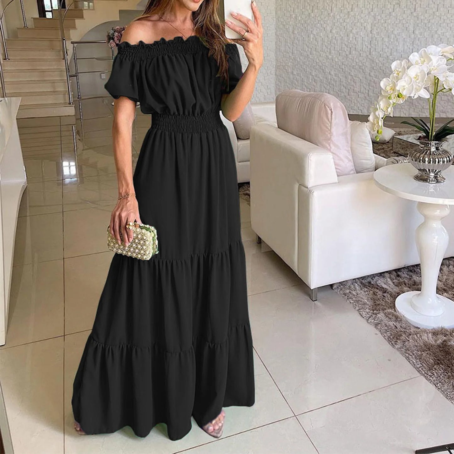 Women Dress Solid Puff Short Sleeves Elastic Waist Casual A-Line High-Waist Off Shoulder Maxi Dress.