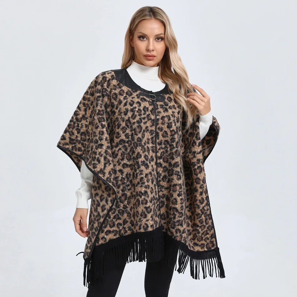 Quality Fashion Classic Leopard Zebra Stripes Like Wool Cape Coat Women Autumn Winter Outerwear Leather Collar.