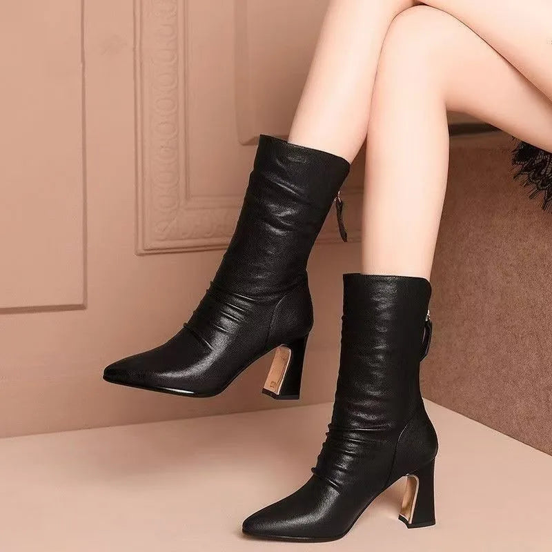 2025 Women Soft Leather Boots,Fashion Heels Pointed Toe