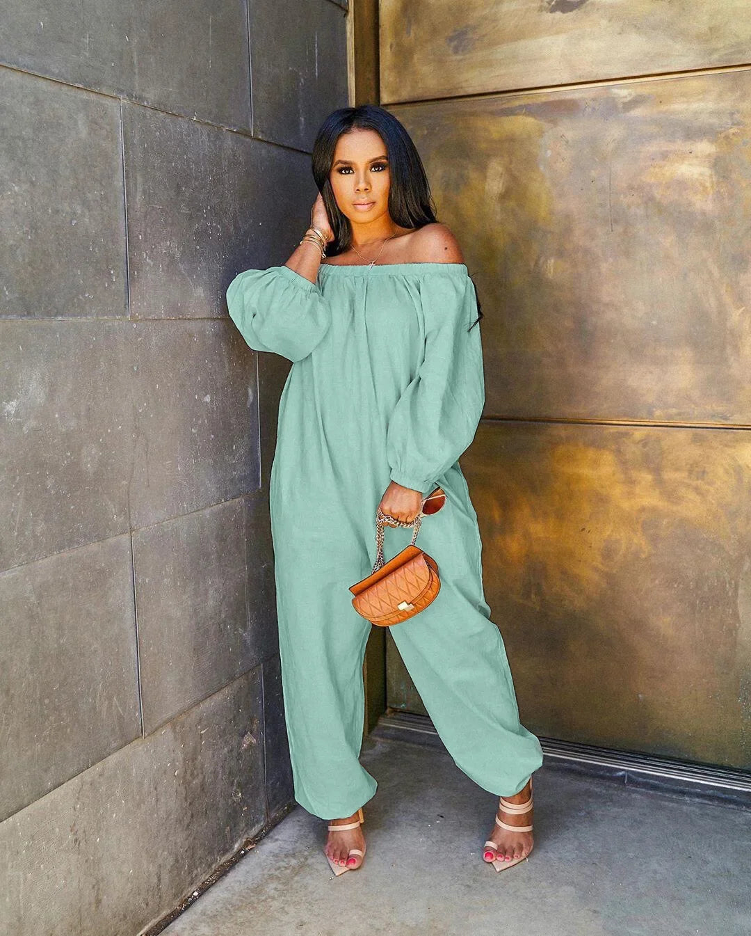Solid Off Shoulder Jumpsuit for Women Casual Long Sleeve Rompers Loose Solid colour Casual Jumpsuits 2025.  S-2x