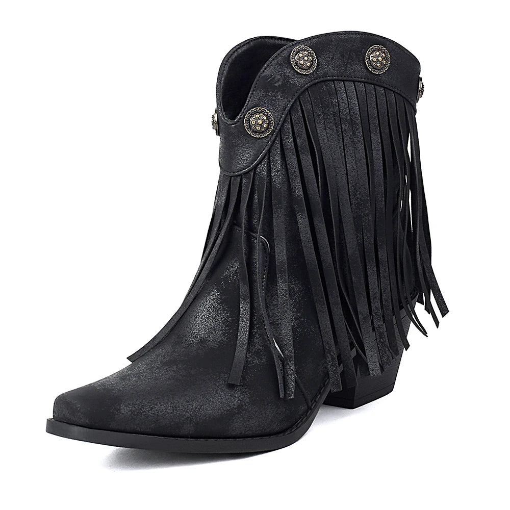 Cowboy Short Boot For Women PU New Tassel Chunky Heel Western Fashion Slip-on  Boots