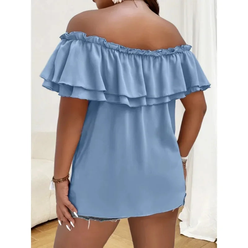 Summer New Plus Size Women's Fashionable Solid Colour Off Shoulder Bow Top