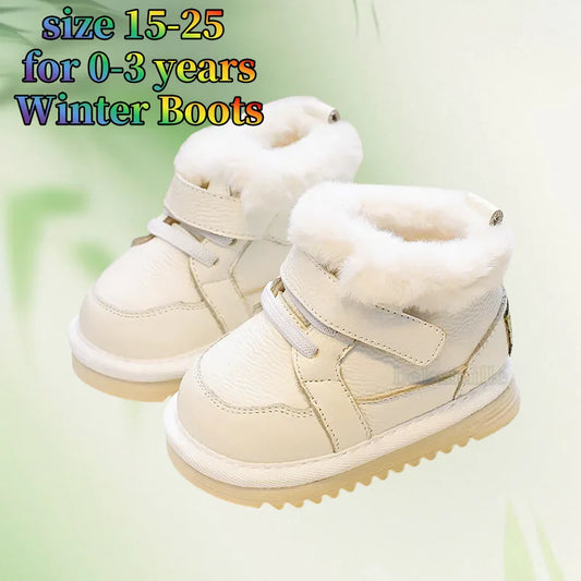 High Quality Leather Winter Toddler Unisex  First Step Boots Plush Warm First Walkers Infant Kids Soft Bottom Girls And Boys Shoes Non-slip.