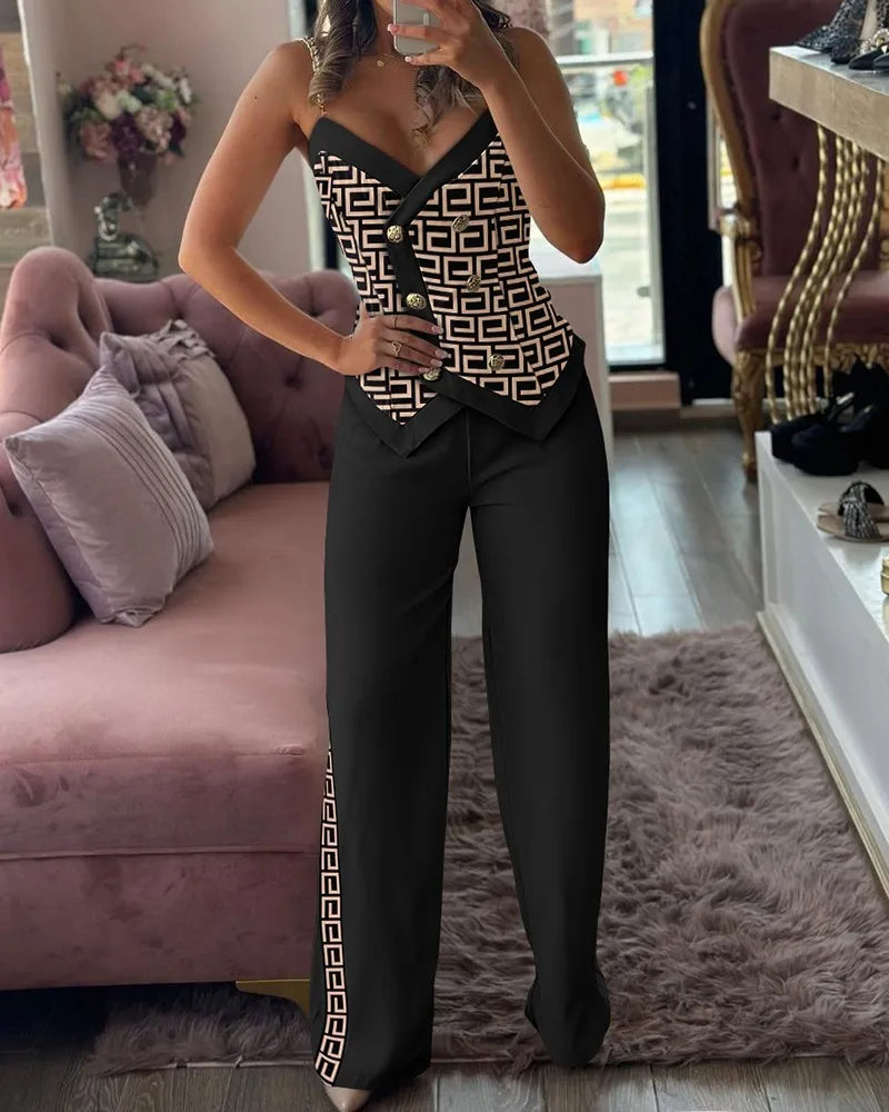 Women Two Piece Sleeveless Vest Double Breasted Chain Straps Geometric Print Side Striped Working Pants