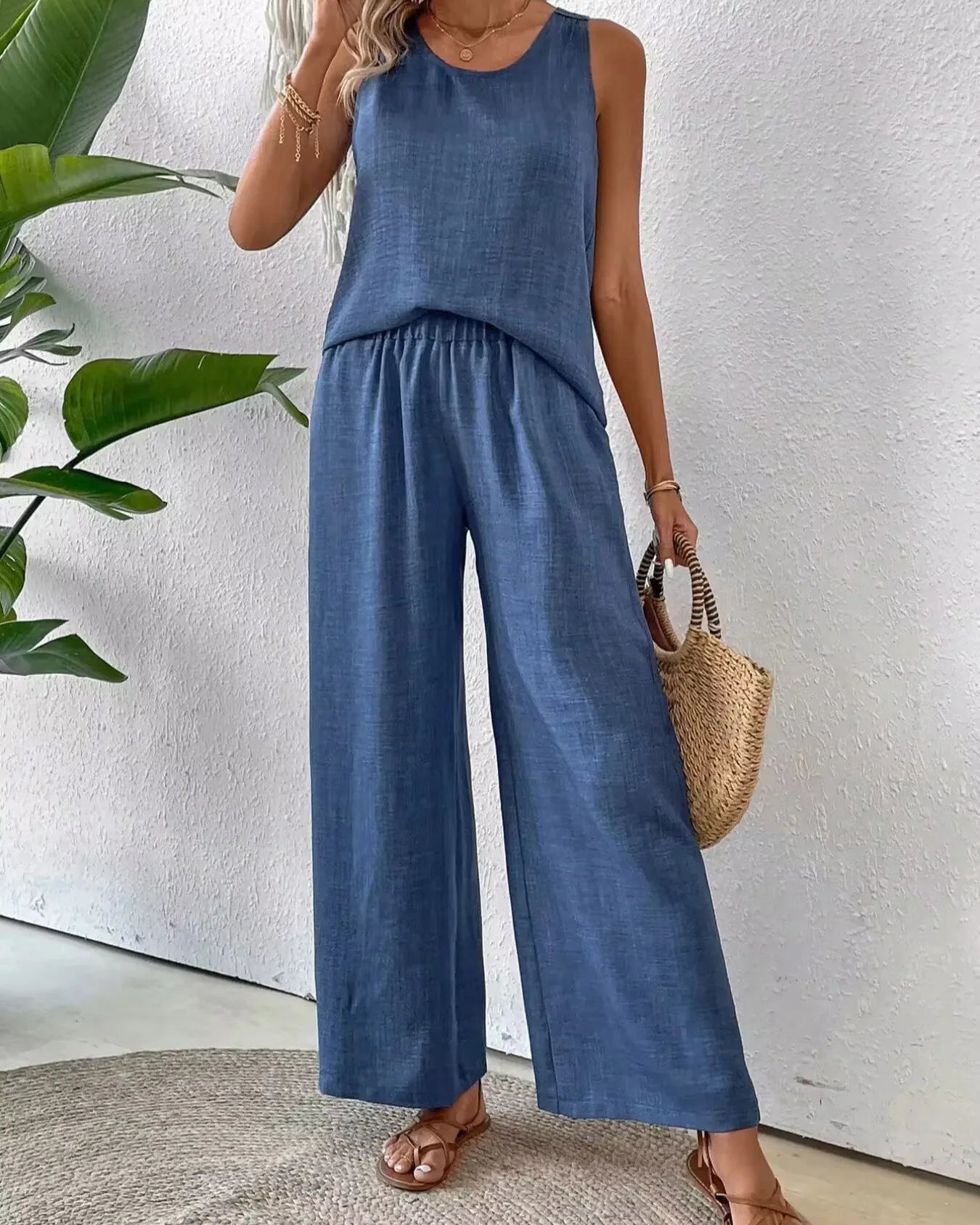 Ladies Simple Cotton Linen 2 Piece Suit Summer Fashion Sleeveless Loose Blouse Wide Leg Pants.