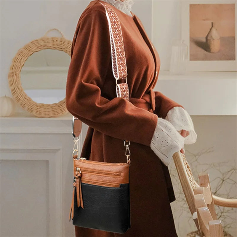 Women's Cross-body Bag with Adjustable Strap Multiple Zipper Design With Contrast Colour