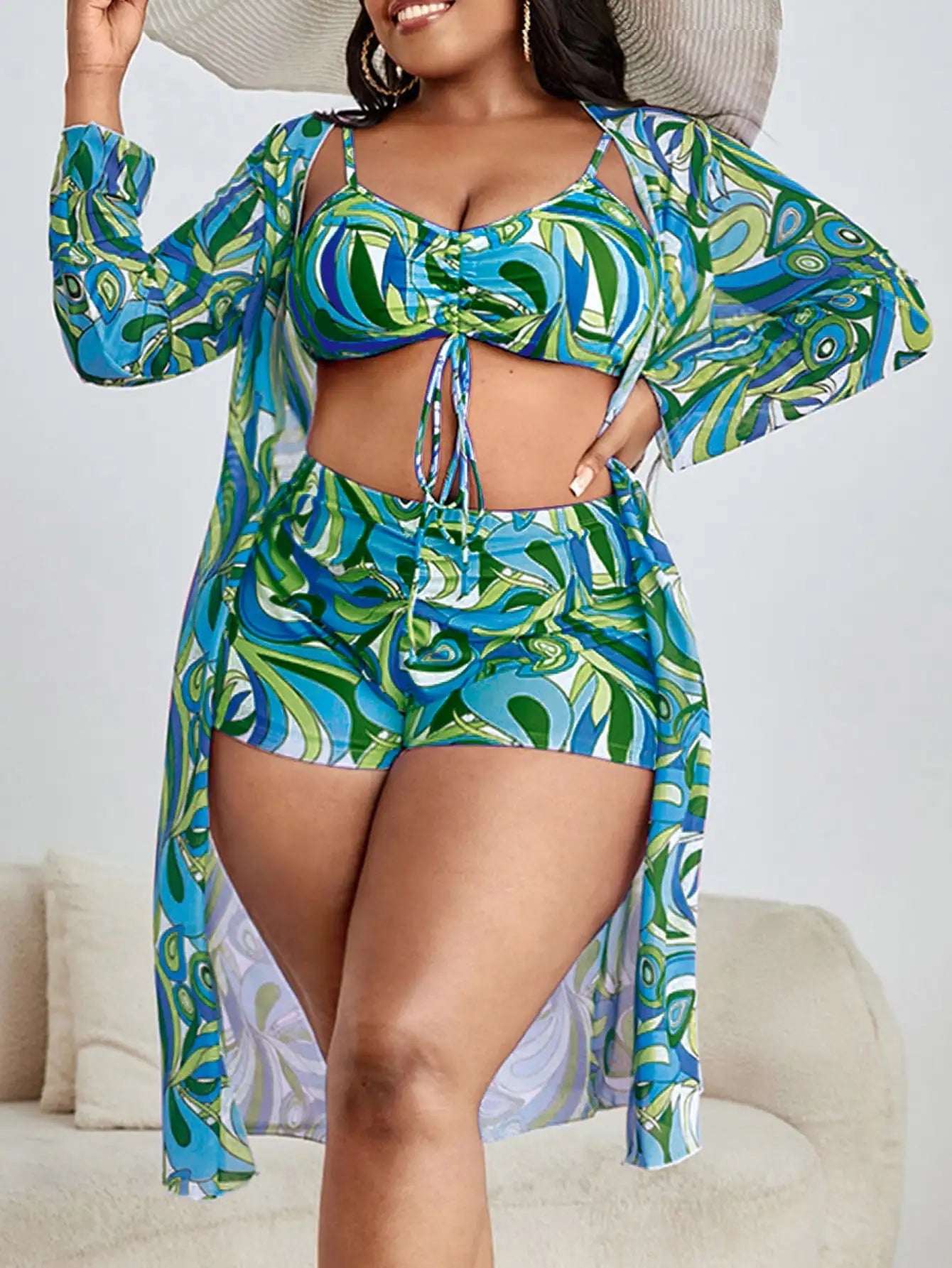 3 Piece Curvy Size Printed Swimsuit & Kimono Beach Wear