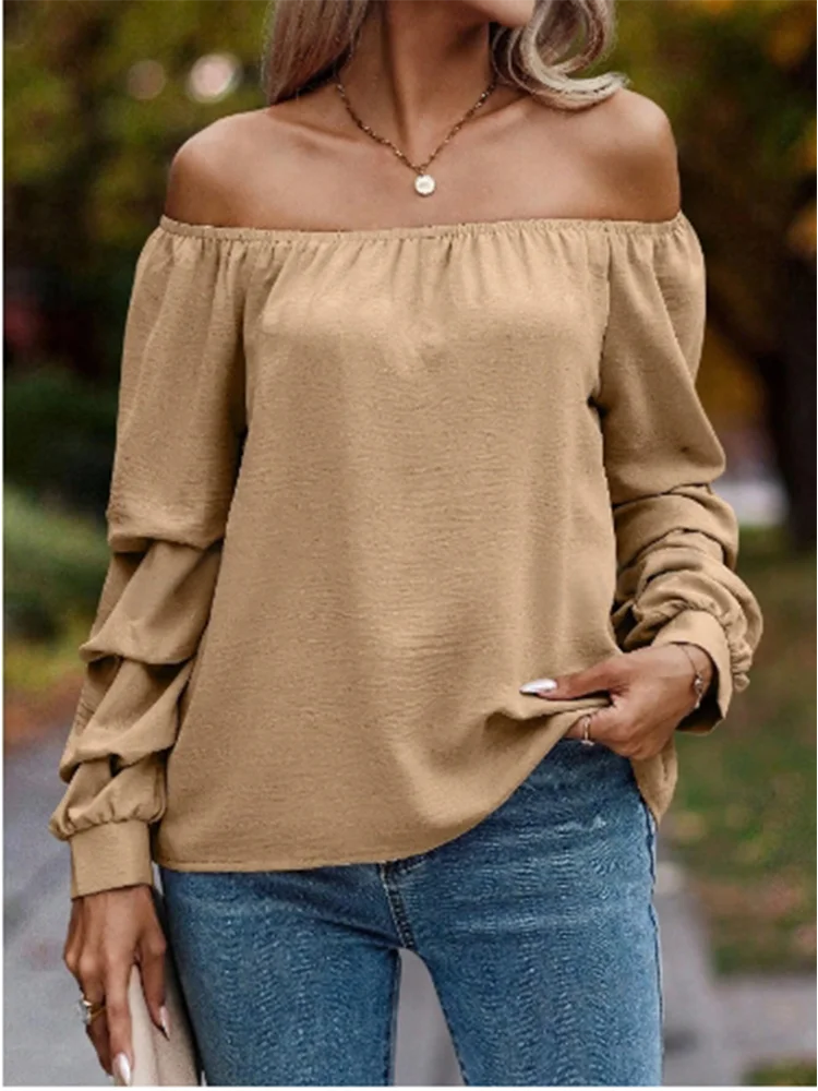 Sexy Long Sleeve Solid Colour Off Shoulder Folding Sleeves, Elegant Casual Blouse. S-2xl