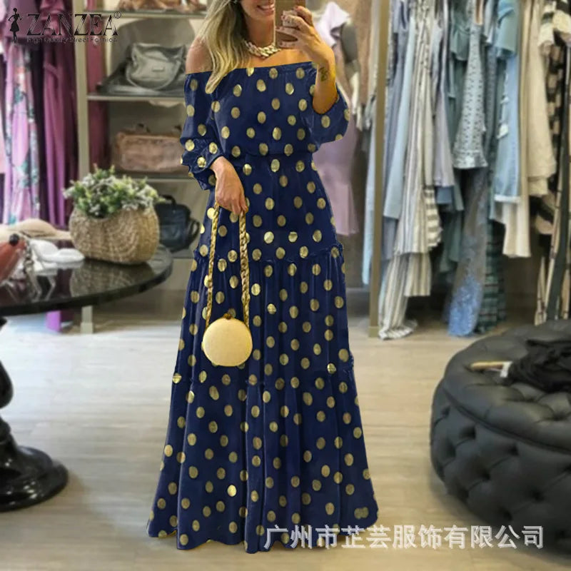 Women's Sexy One-line Neckline Off-the-shoulder Fashion 2025 Spring/summer Polka Dot Dress.  S-3X