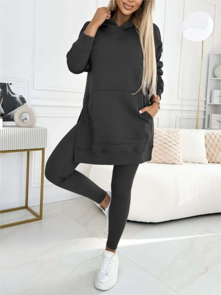 New Casual Hoodie Women's Solid Colour Simple Fashion Pocket Thick Thread Casual Leggings 2 Piece Set.  S-3x