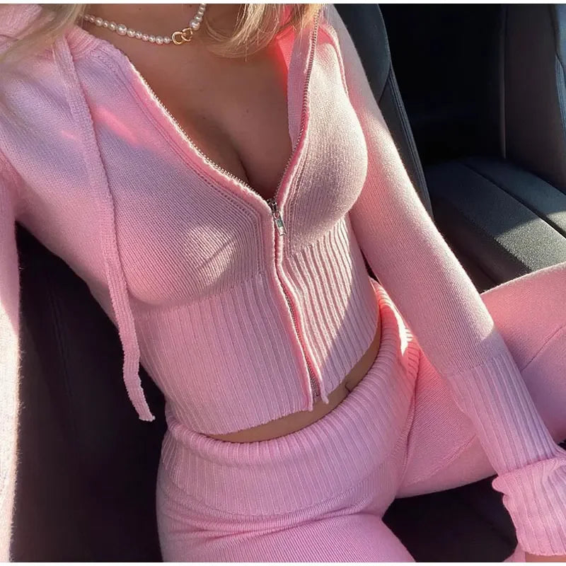 Fashion Women Ribbed Knit 2 Piece Outfit Long Sleeve Zip-Up Slim Fit Hooded Crop Top And Long Pants Set