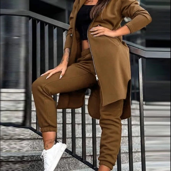 Pant Set Hooded Zipper Long Jacket Casual Straight Pants Solid Sporty Great For All Seasons.  S-2XL