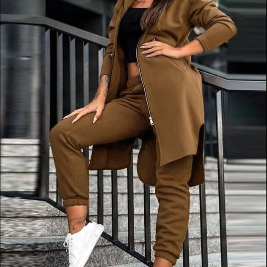 Pant Set Hooded Zipper Long Jacket Casual Straight Pants Solid Sporty Great For All Seasons.  S-2XL