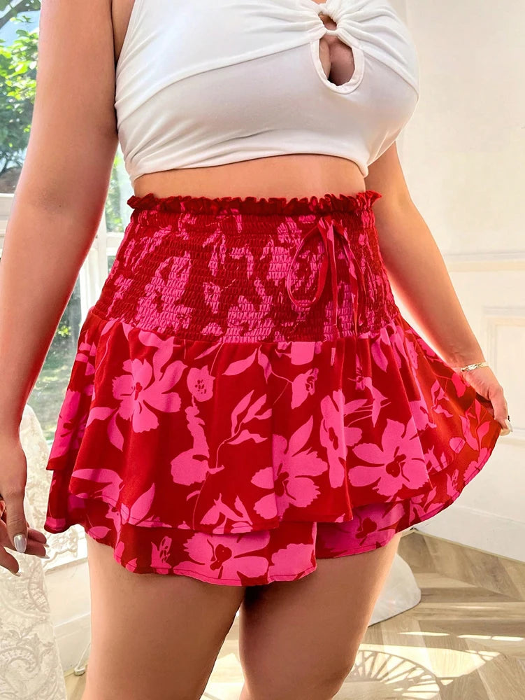 Plus Size 2025 Spring and Summer New Women's Bohemian Flower Printed Skirt, Summer Style