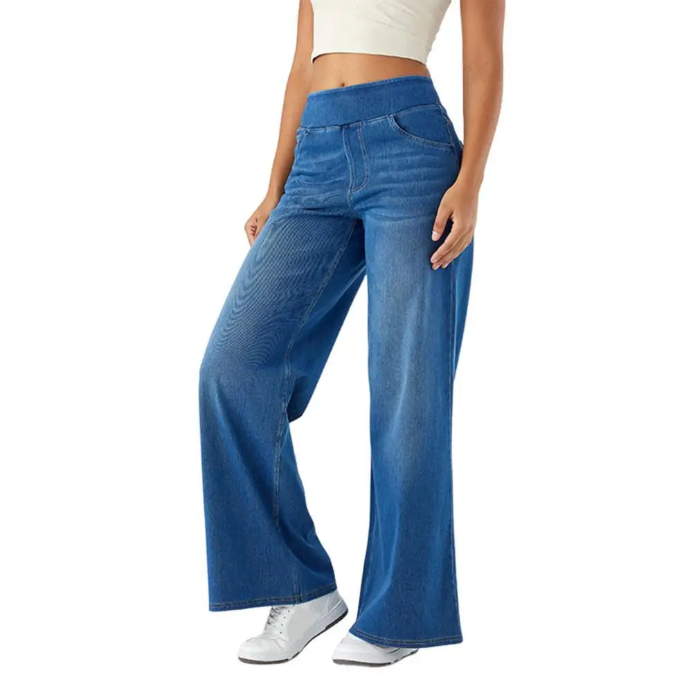 Women's High Waist Wide Leg Jeans - Elastic Waist Denim Pants with Pockets.  XS-XL