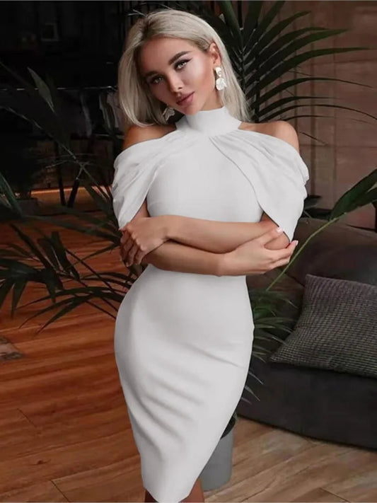 New Solid Colour Slim Midi Halter Neck Off Shoulder Elegant Party Dress.  S-3X