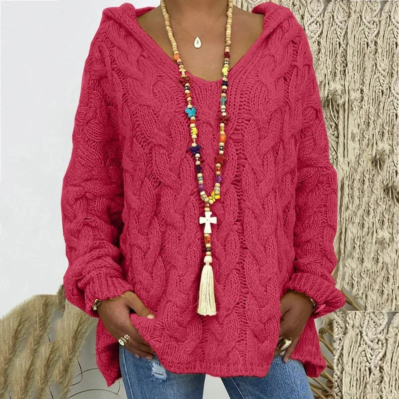 Women's Cable Knit Hooded Sweater - Cozy Pullover (S-5X)