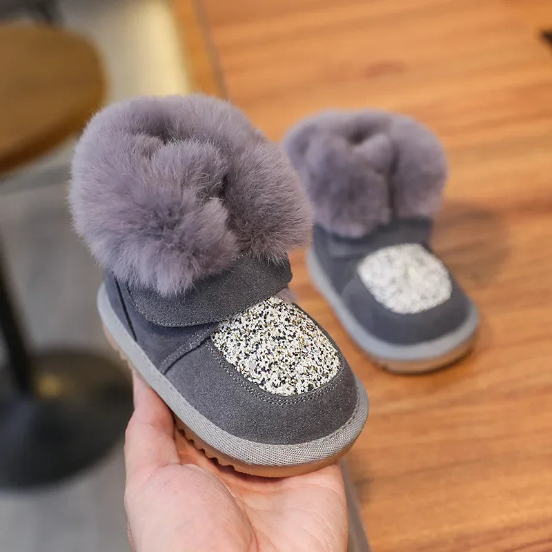 High Quality Leather Winter Toddler Unisex  First Step Boots Plush Warm First Walkers Infant Kids Soft Bottom Girls And Boys Shoes Non-slip.