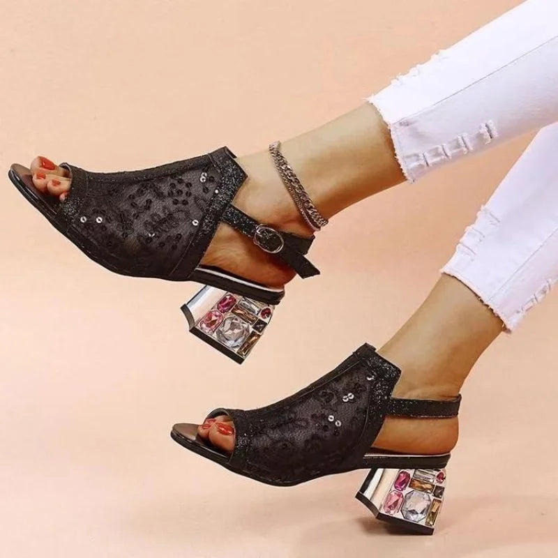 New Women Summer Fashion Peep Toe Bling Sandals Buckle Strap Rhinestone Sandals