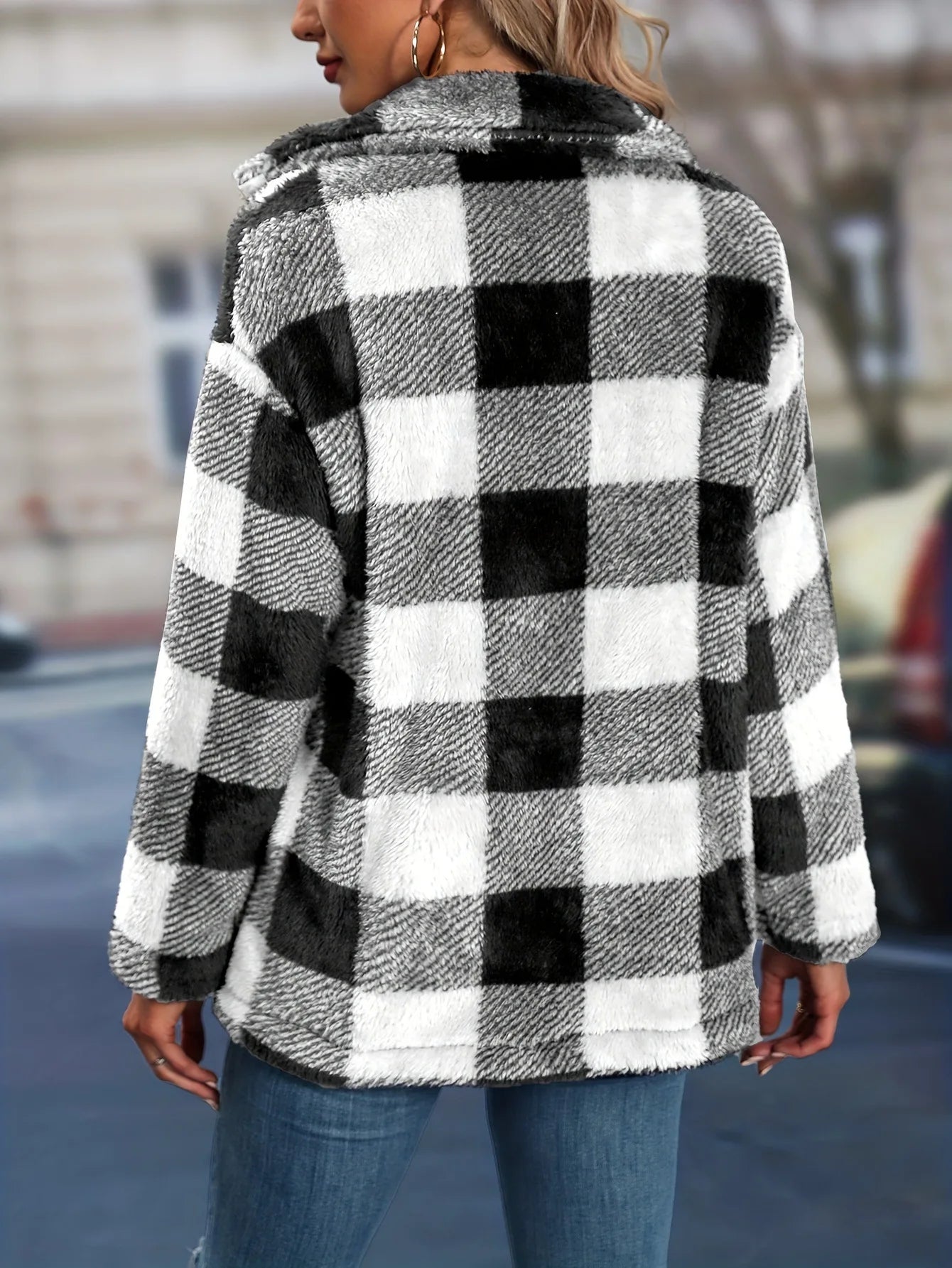 Cross border European autumn/winter square plaid lapel women's coat