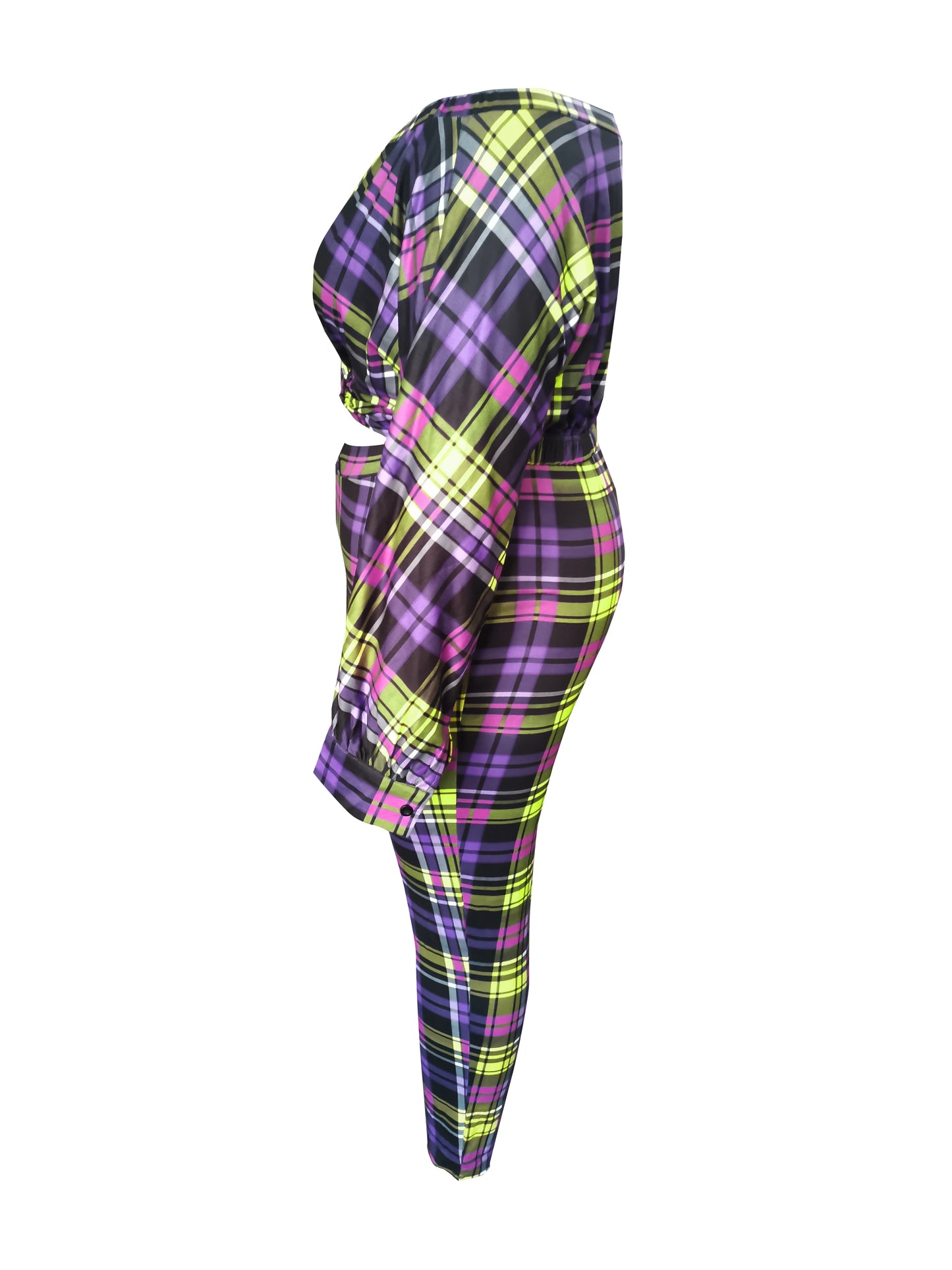 Plus Size Trendy Dew Shoulder Grid Print Purple Two-piece Pants Set Neck Bubble Sleeve Top