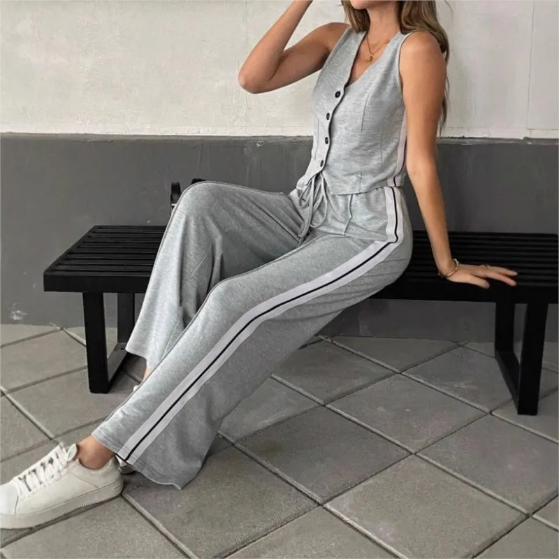 Fashion Side Stripe Women 2 Piece Set New Vest Top And Wide Leg Pants Sports Style Casual Set.  S-2X