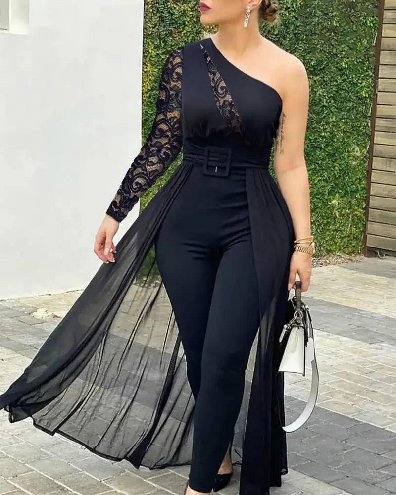2025 Summer Women's Sexy Round Neck Rhinestone Sheer Mesh Sleeveless Jumpsuit with Belt New Fashion Women;s Jumpsuit