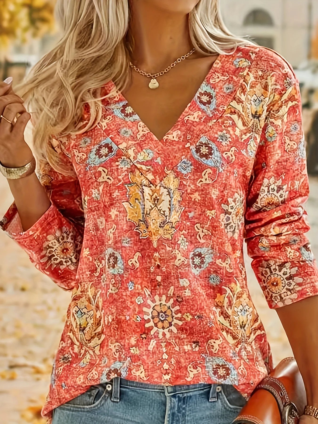 Plus Size Boho Top Floral Print Long Sleeve T-Shirt Casual V Neck Slight Stretch Top