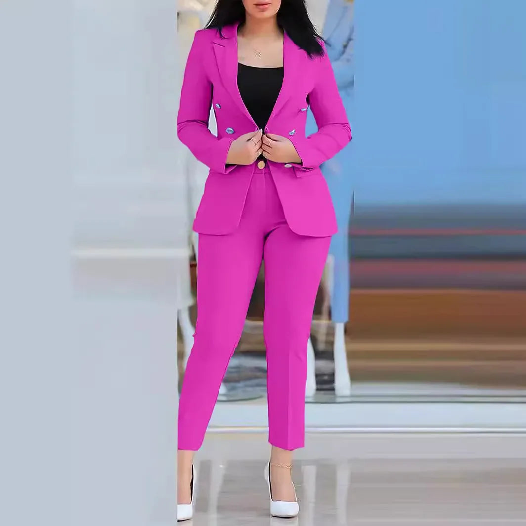 2pcs Women Clothing Set Long Sleeve Blazer Jacket & High Waist Pencil Pants Solid Colour