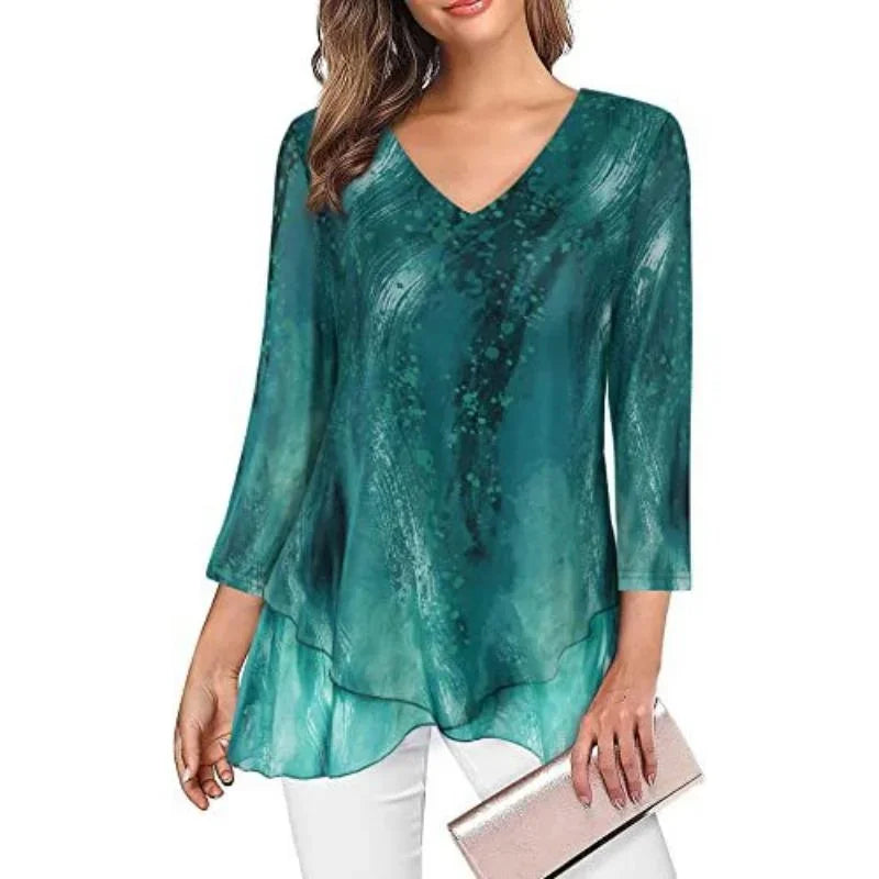 Women's V Neck Asymmetric Blouse.  S-2X