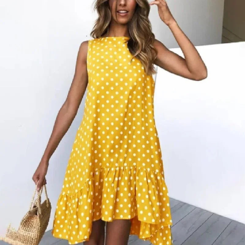 Ruffled Polka Dot Dress Sleeveless, Round Neck, Loose Hem,   S-2X