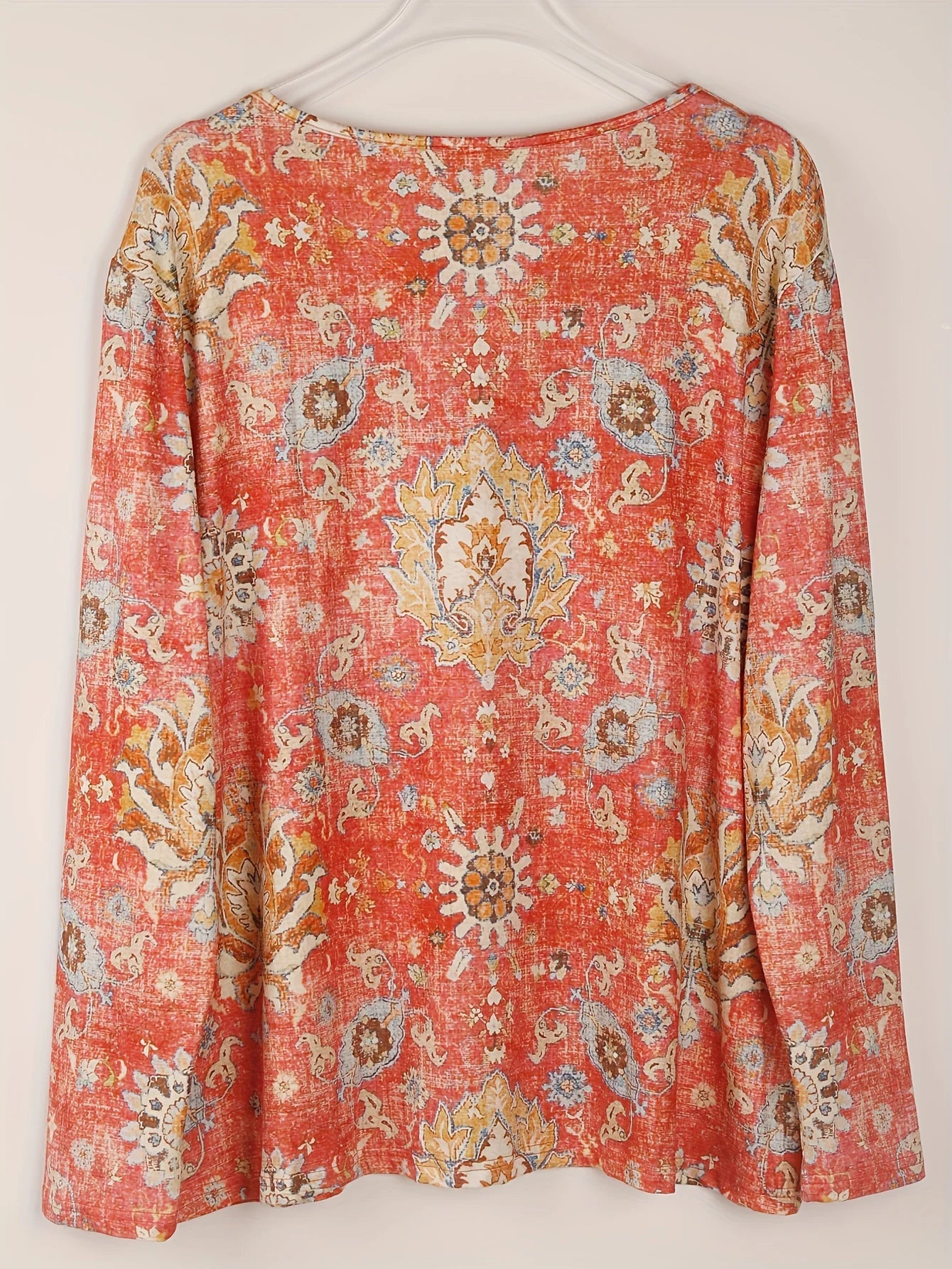 Plus Size Boho Top Floral Print Long Sleeve T-Shirt Casual V Neck Slight Stretch Top