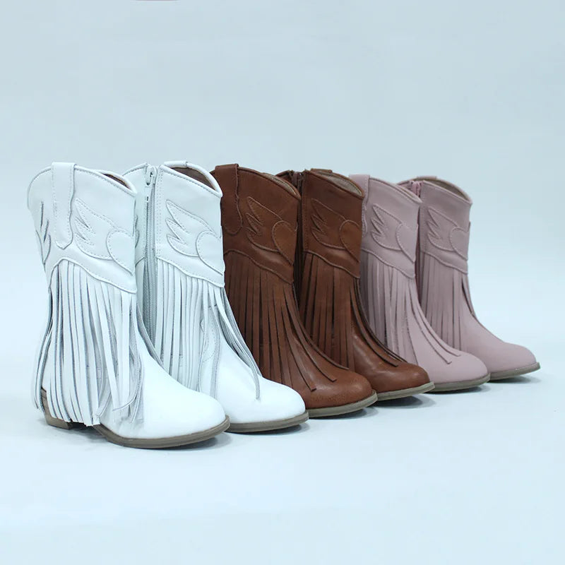 Kids Vintage Western Cowgirls Boots Leather Tassel Princess Low Heeled Knee Boots Cowboys Winter Dress Shoes New Years Christmas