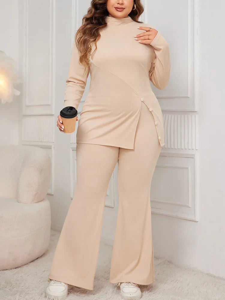Plus Size Mock Neck Long Sleeve Split Tops Women Autumn Solid Casual High Waist Flared Pants 2 Piece Sets Women Outfit