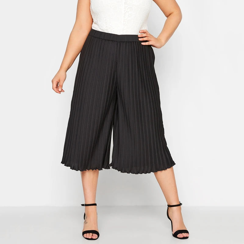 Plus Size Summer Elegant Pleated Capri Pants Women High Waist Loose Casual Wide Leg Cropped Pants Trousers For Any Occasion