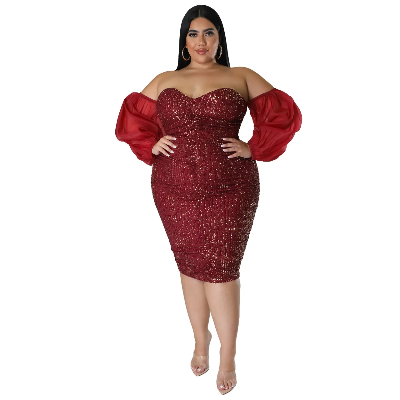 Plus Size Women Sexy Sequin Dress Strapless Solid Party Evening Dress Bodycon Skinny Dress