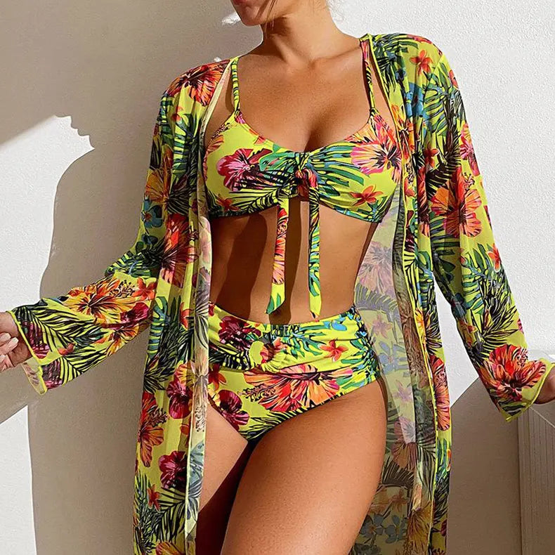 Three Piece Floral Printed Women's Bikini Set Wireless Bra with Pads Swimwear