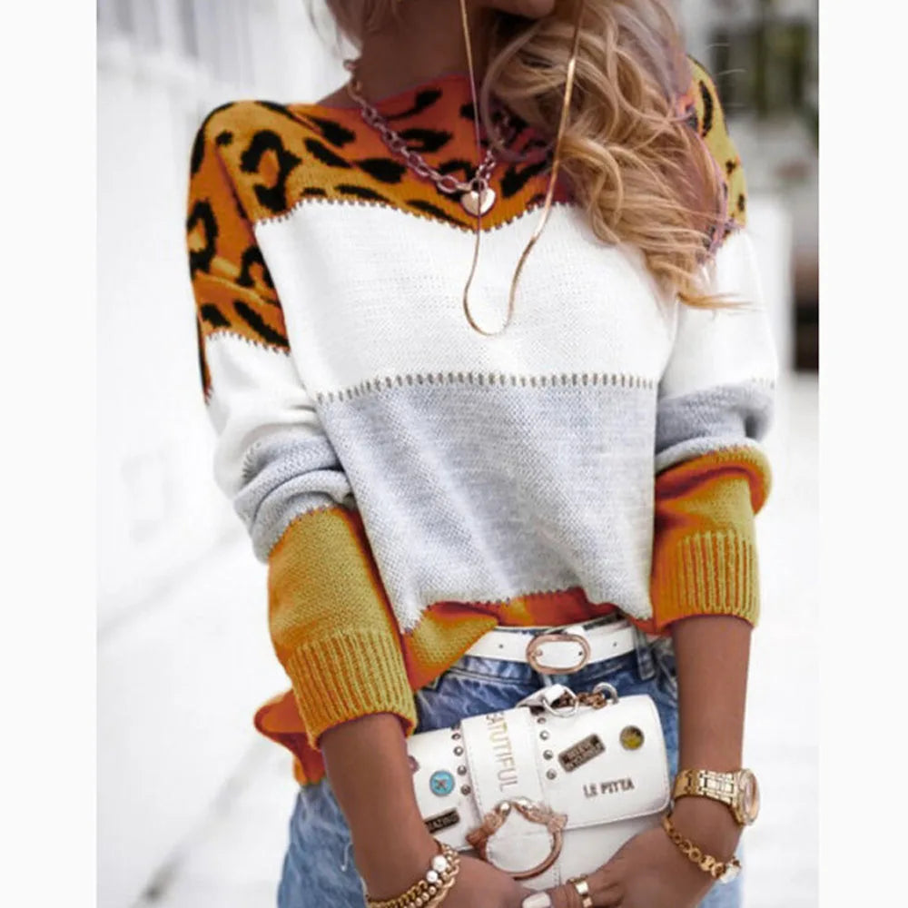 Women Leopard Print Loose Sweater Autumn Winter Round Collar Long Sleeve Knitted  Pullover.  S-3X
