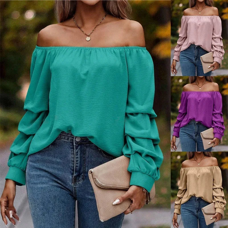 Sexy Long Sleeve Solid Colour Off Shoulder Folding Sleeves, Elegant Casual Blouse. S-2xl
