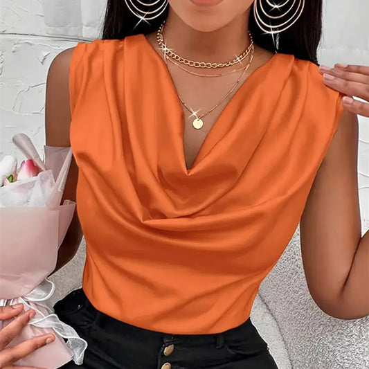 Basic Women Silk-Like Satin Top Summer Sexy Cowl Neck Top.  S-xxL