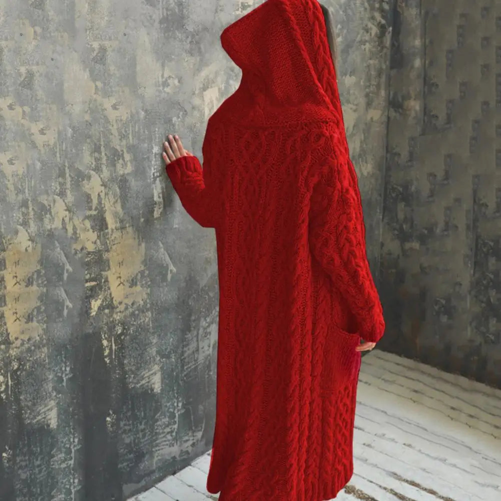 Women Sweater Jacket with Pockets Mid Length Hooded Knitted Twisted Texture Solid Colour Long Sleeve Thick Outerwear.  S-3xl