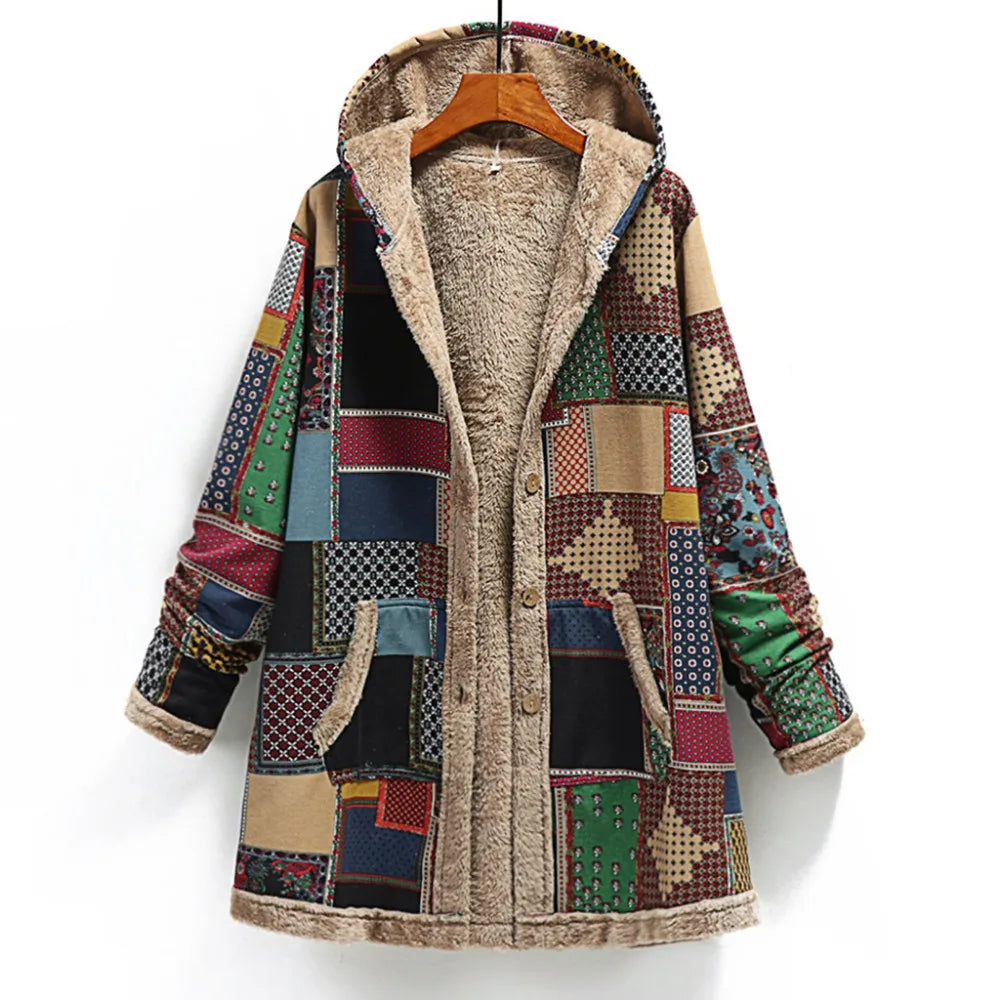 Women's Long Plush Jacket with Cotton and Linen Print Hooded for Warmth, Winter New Style.   S-3X