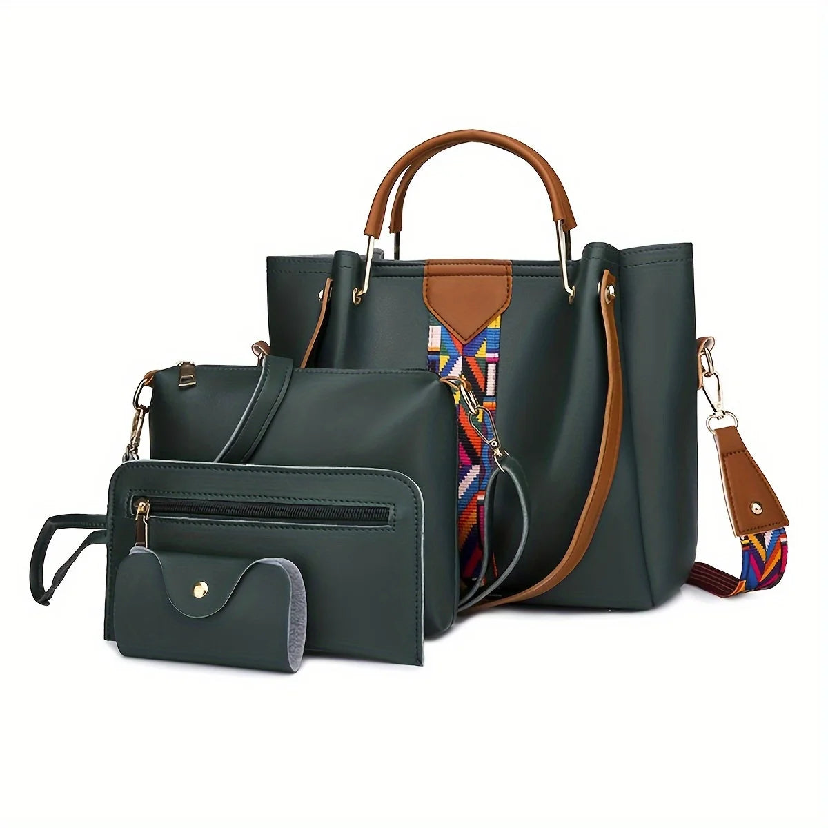 4pc Large Capacity Luxury Women's Shoulder Bag Fashion Coloured Ribbon Patchwork Tote Bag