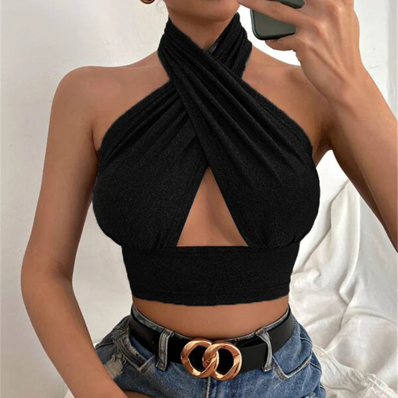 Women Cross Halter Neck Crop Top Sleeveless Backless Sexy Hollow Out Tank.