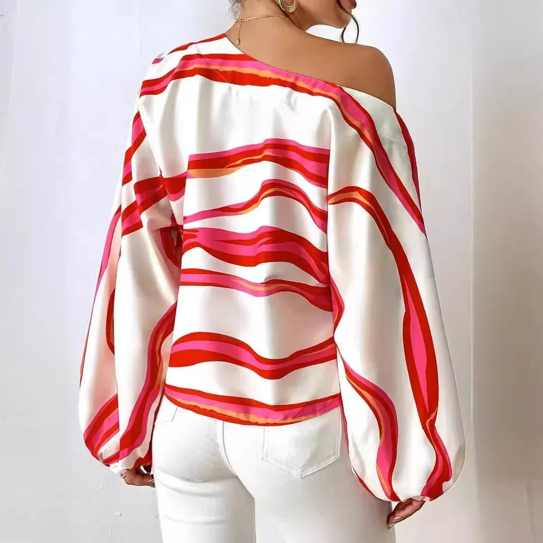 Pullover Women Blouse Slash Neck Lantern Sleeve Print Shirt Loose Casual Blouse Slight Stretch Elegant Blouse.  S-XL