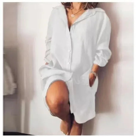 Linen And Cotton Ladies Shirt/Dress, Casual Long Sleeved   S-4xl