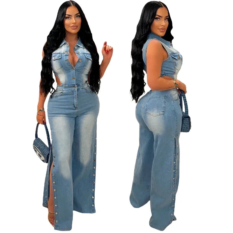 Women Denim One Piece Sleeveless Turn Down Collar Jumpsuit Sheath Sexy Straight Long Pant Rompers Slim Fit. S-2x