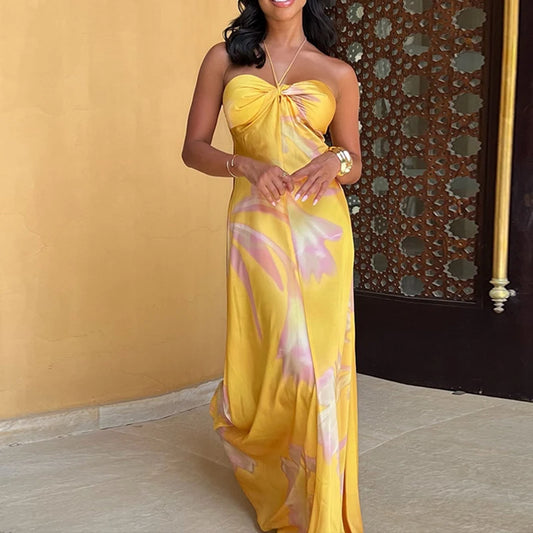 Yellow Printed Halter Satin Women's Dress New Summer Bohemian Sexy Sleeveless Slim Party Long Dress.  S-L
