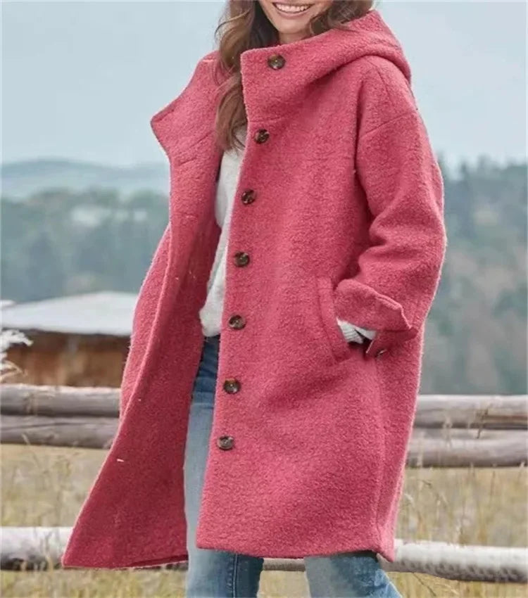 Ladies Retro Style Woolen Coat New Autumn Winter Fashion Outerwear Polyester Fiber Hooded Loose Fit Coat.  S-3X